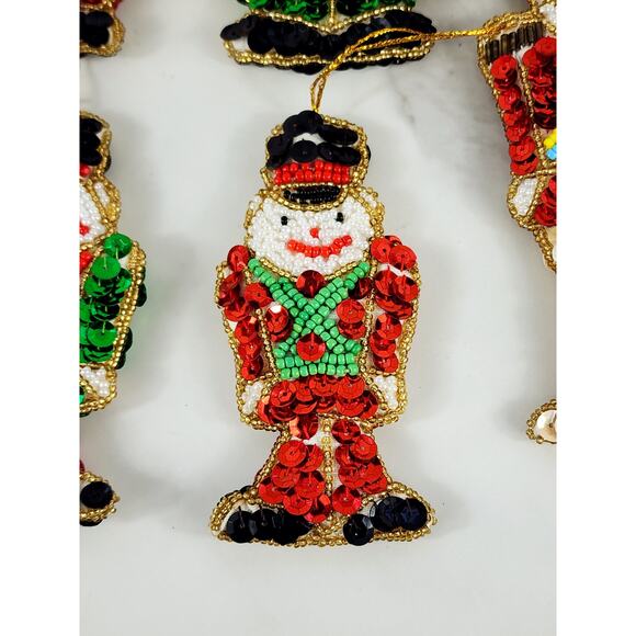 Christmas Ornament Sequins And Beaded Soldiers 4" Handmade 90's Two Sided x6 Vtg - Picture 7 of 13